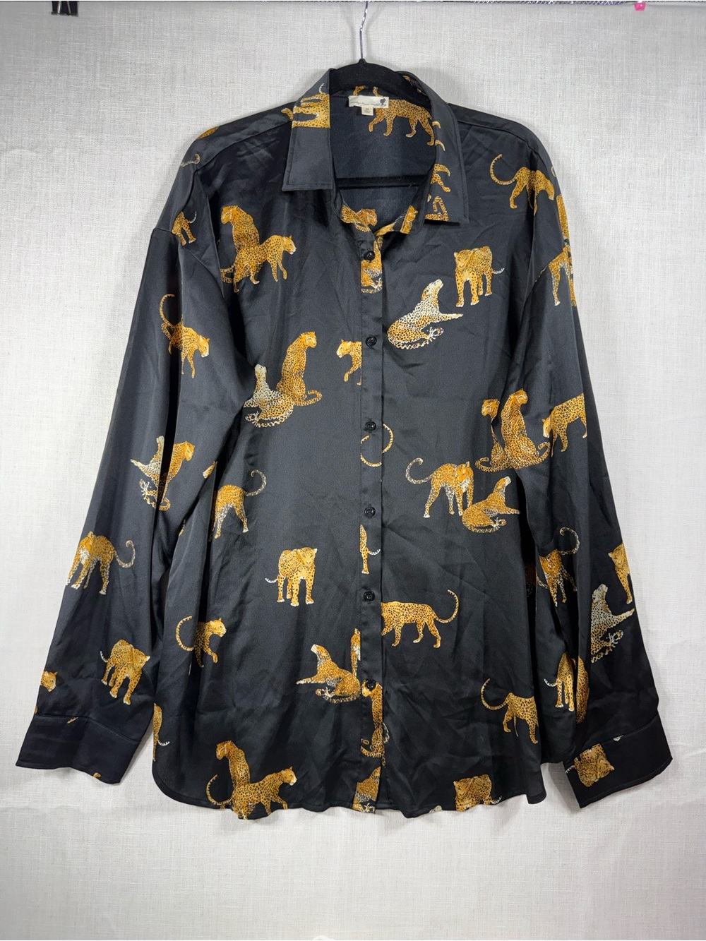 Womens Black Leopard Print Button-Up Blouse